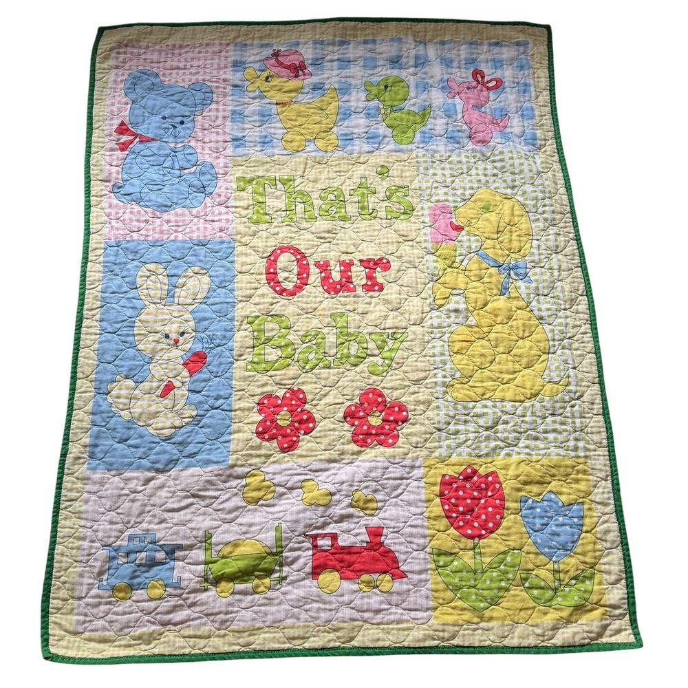 Vintage Thats Our Baby Crib Quilt Nursery Blanket Animals Toys Gingham 33x42